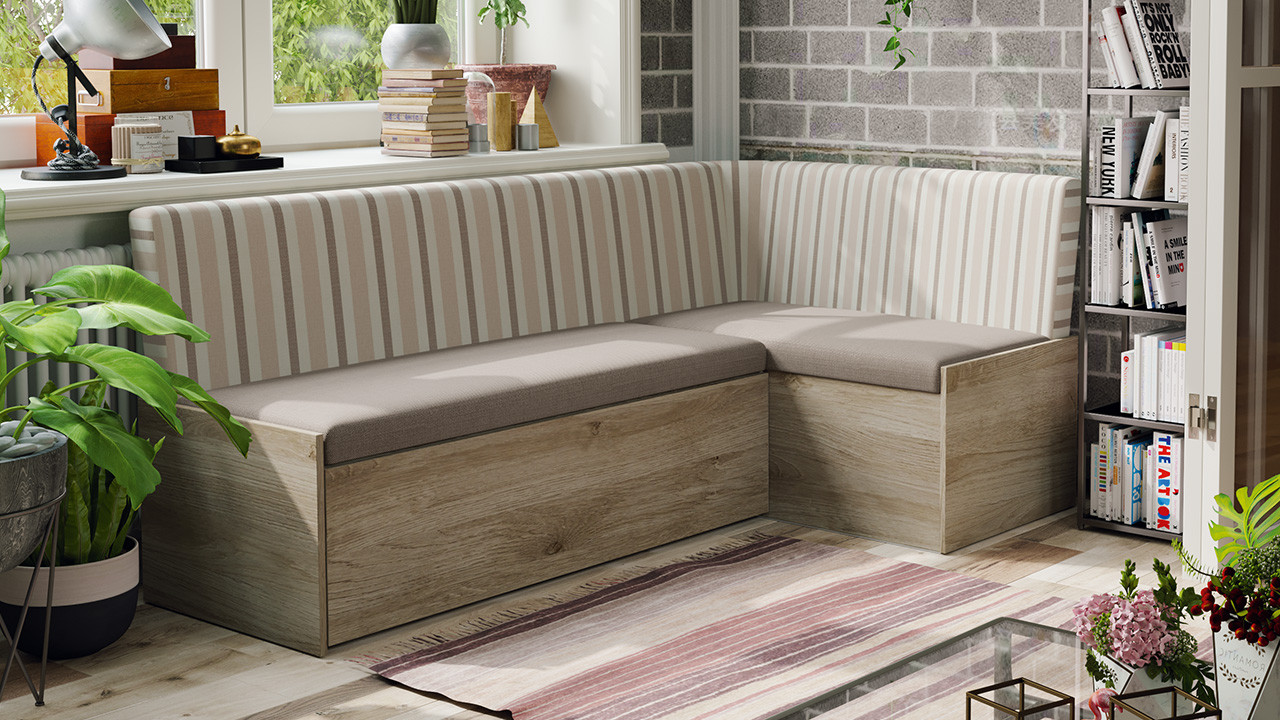 Скамья угловая со спальным местом «Париж» (Баттл Рок/ Полоса бежевая)
